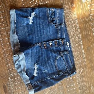 Old Navy, gently worn denim shorts with 3 inch inseam, button fly, distressed